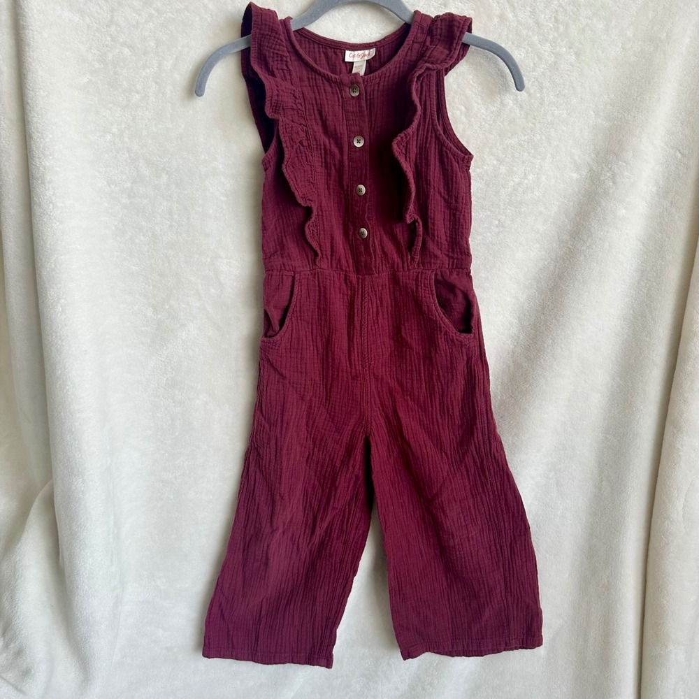 Cat & Jack Girls Burgundy Gauze Ruffle Sleeve Button Front Jumpsuit Size M 7/8
